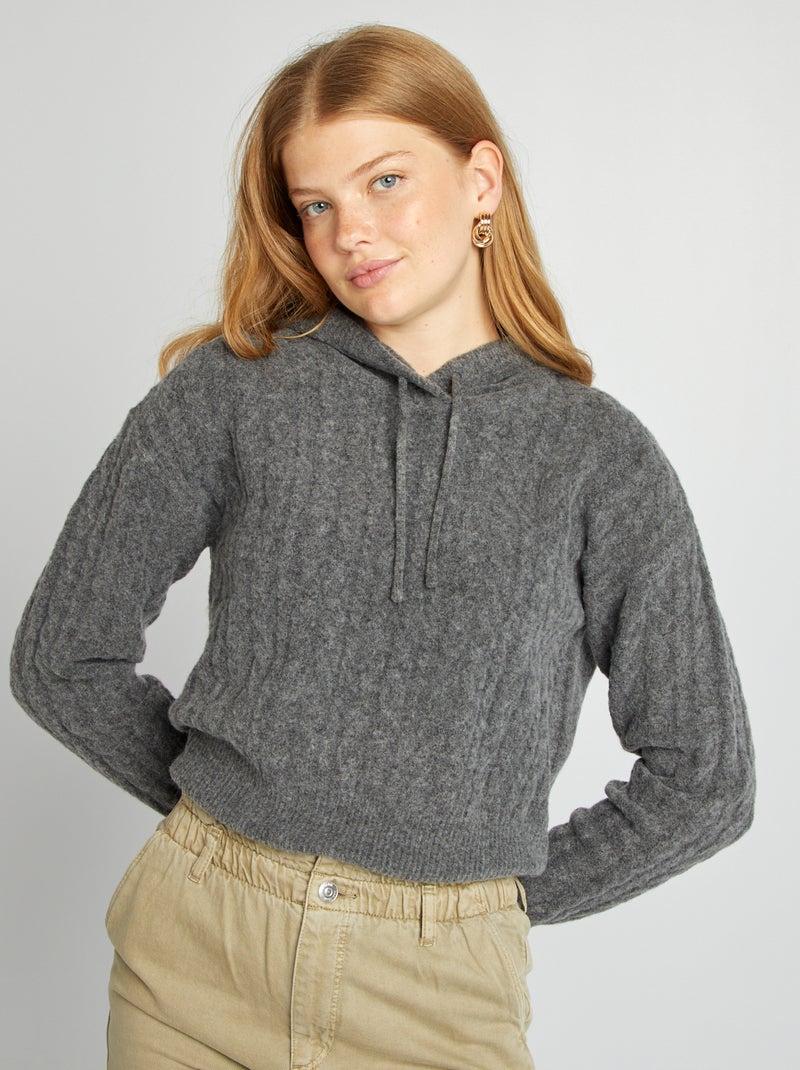 Pull à capuche en maille torsadée Gris foncé - Kiabi