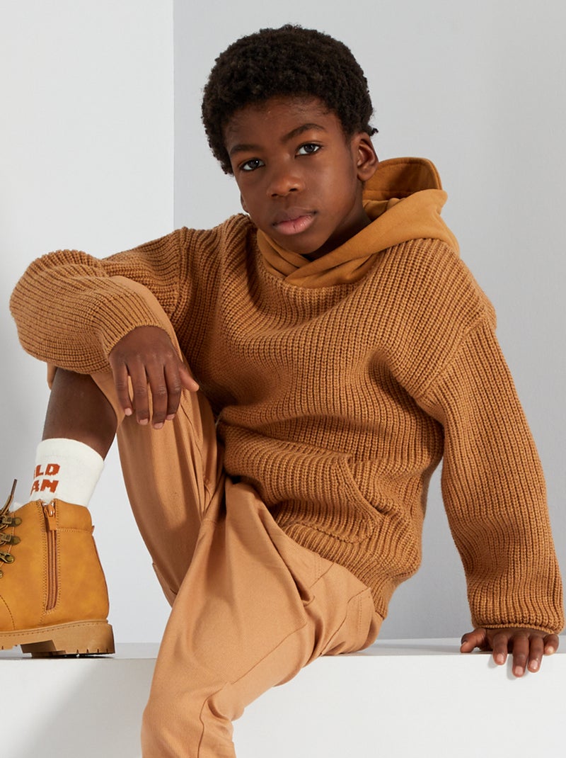 Pull à capuche marron/beige - Kiabi