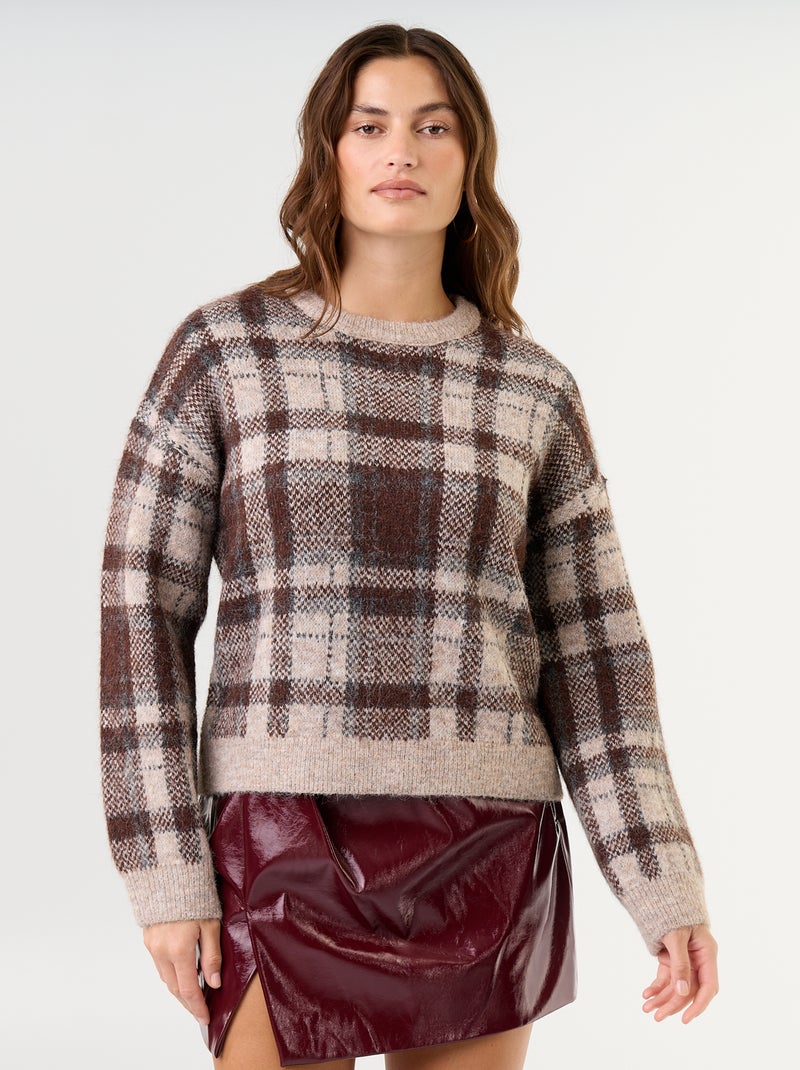 Pull à carreaux à col rond Marron - Kiabi