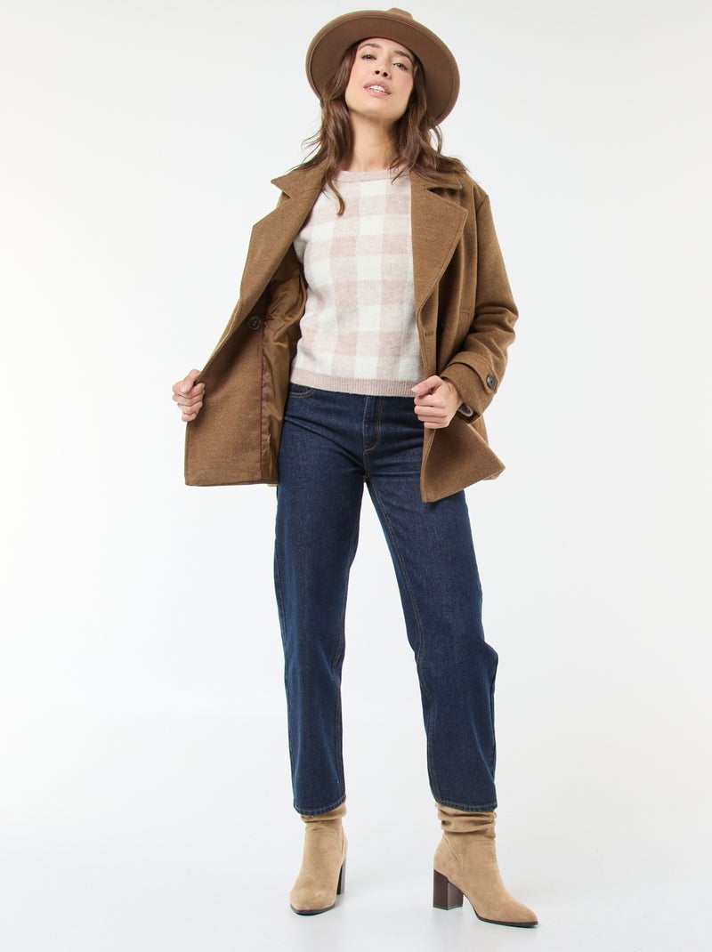 Pull à carreaux en matière douce Beige - Kiabi