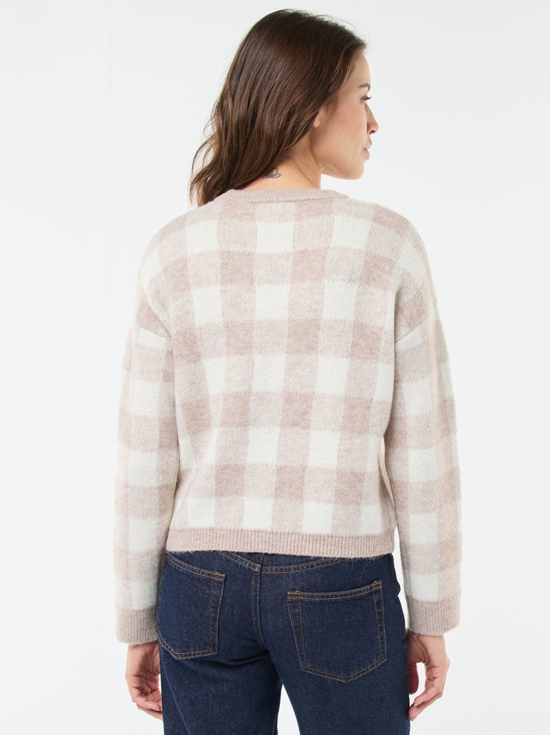 Pull à carreaux en matière douce Beige - Kiabi