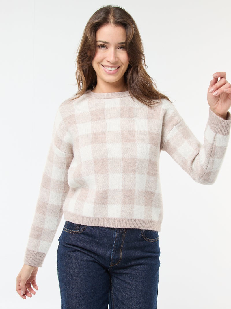 Pull à carreaux en matière douce Beige - Kiabi