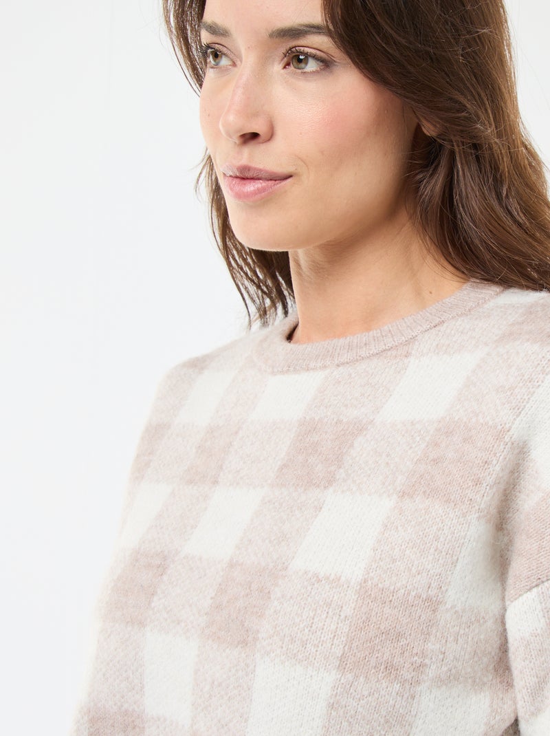 Pull à carreaux en matière douce Beige - Kiabi