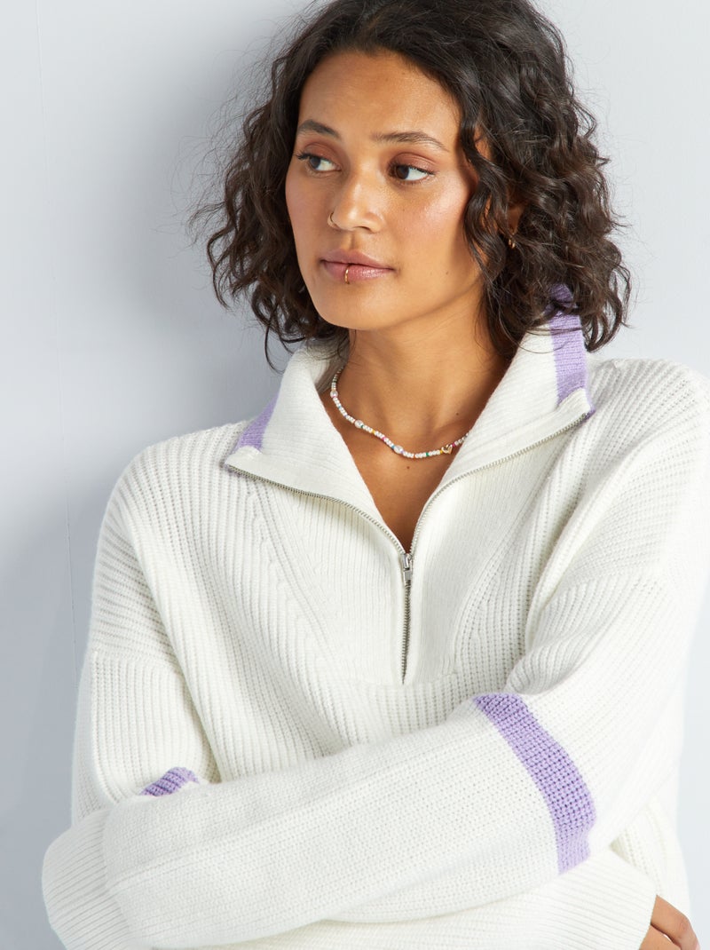 Pull à col camionneur Blanc/violet - Kiabi