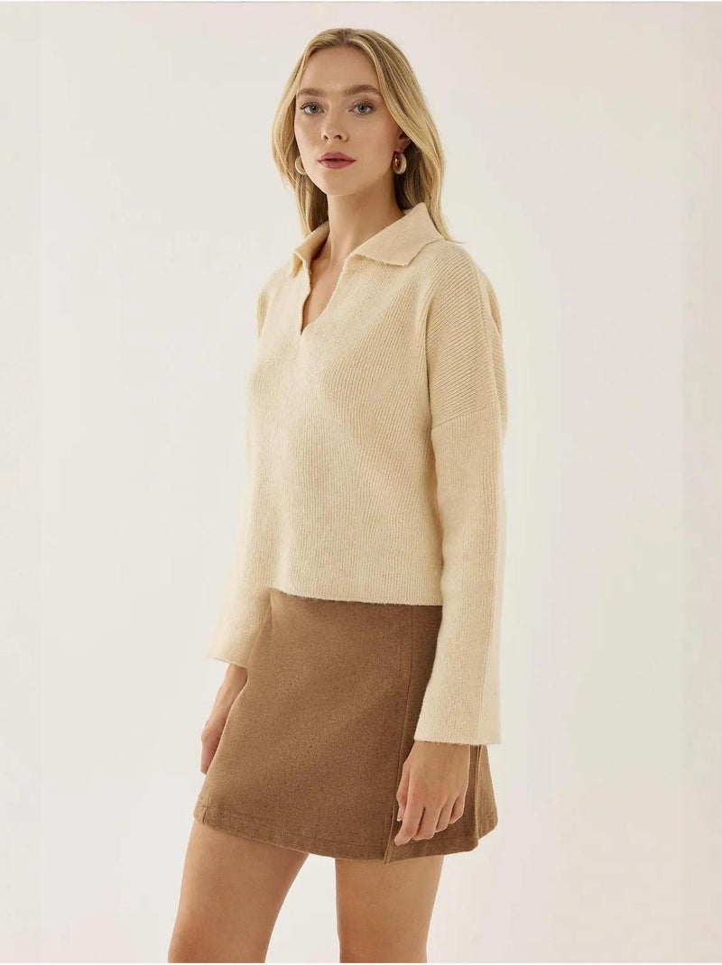 Pull à col chemise coupe décontractée Beige naturel - Kiabi