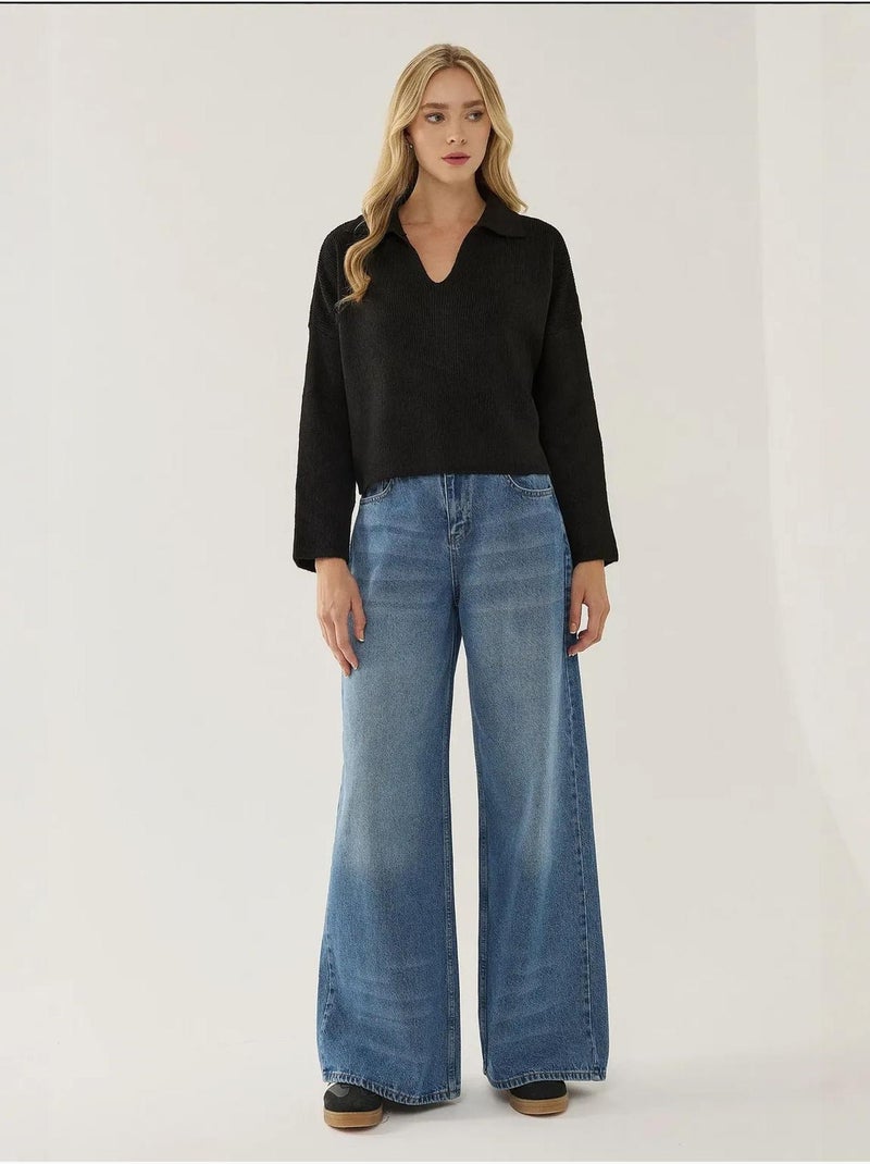 Pull à col chemise coupe décontractée Noir - Kiabi