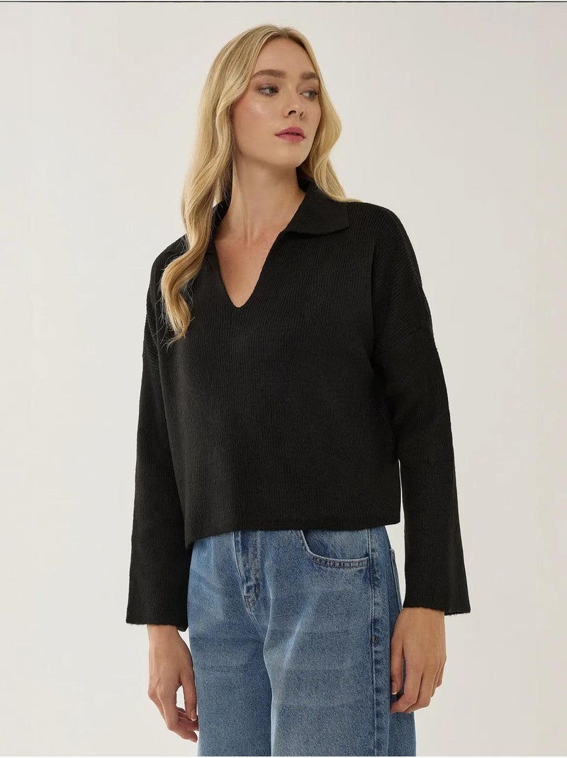 Pull à col chemise coupe décontractée Noir - Kiabi