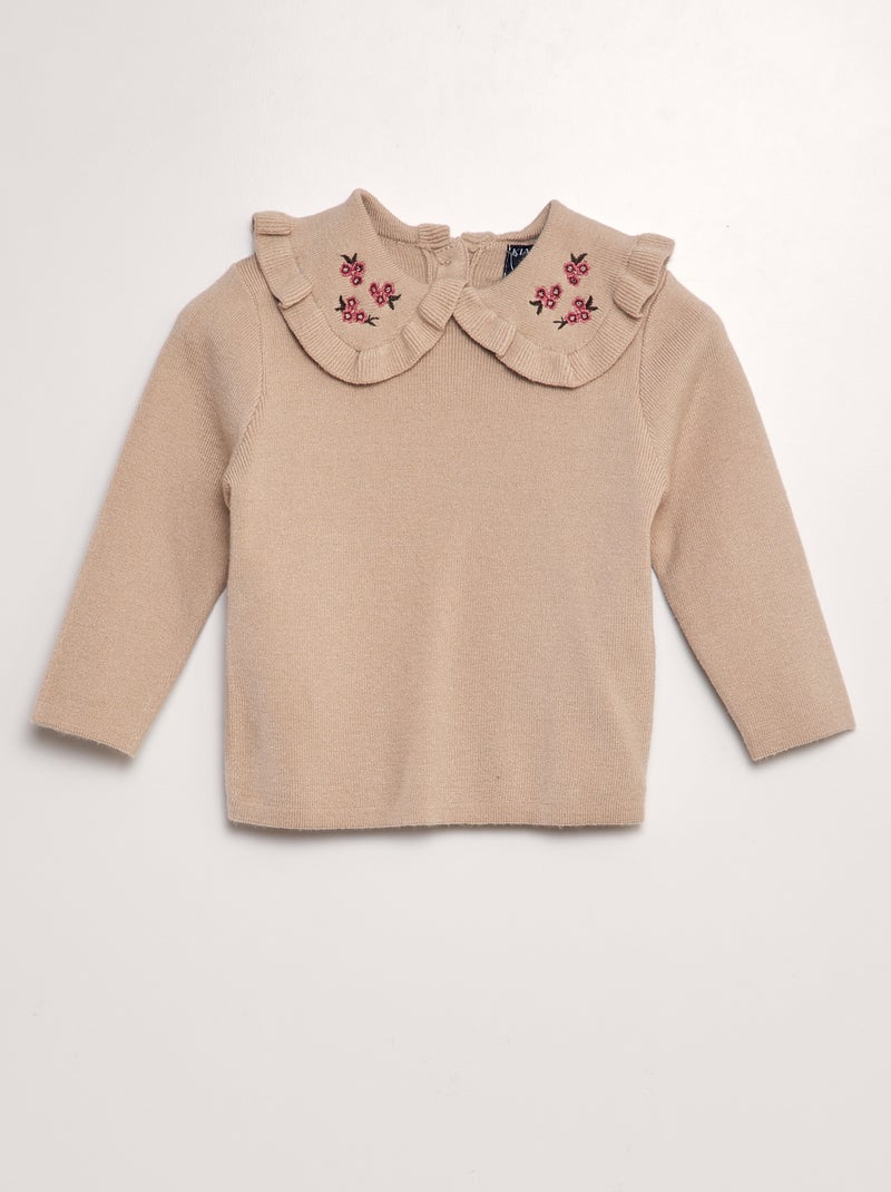 Pull à col claudine brodé Beige - Kiabi