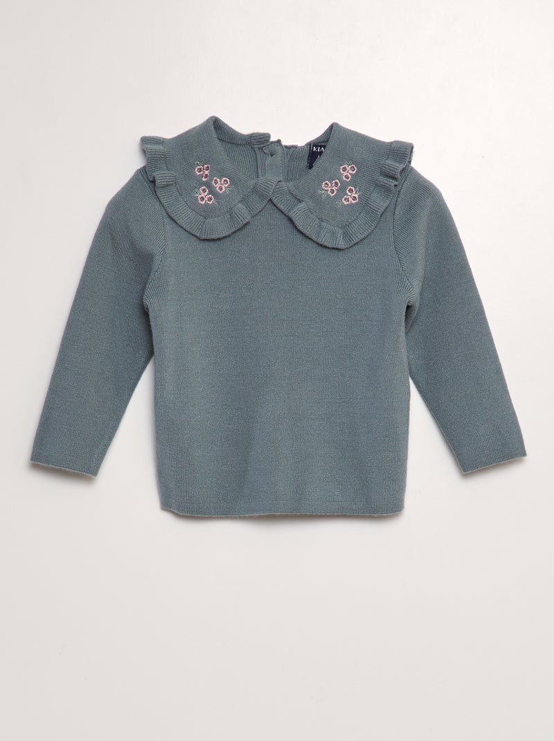 Pull à col claudine brodé Vert - Kiabi