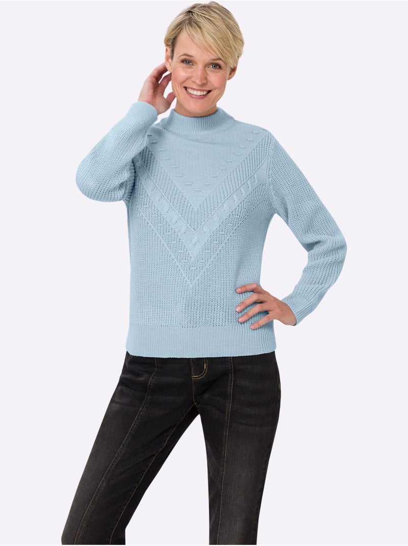 Pull à col montant à manches longues avec motif v tricoté - taille standard - moda vilona Bleu clair - Kiabi