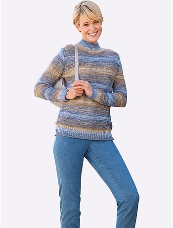 Pull à col montant à rayures chinées en mailles douces - taille standard - moda vilona