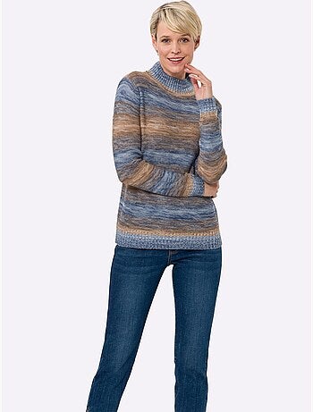 Pull à col montant à rayures chinées en mailles douces - taille standard - moda vilona