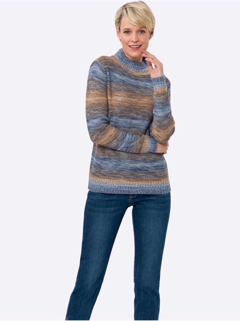 Pull à col montant à rayures chinées en mailles douces - taille standard - moda vilona Bleu Ecru Bleu - Kiabi