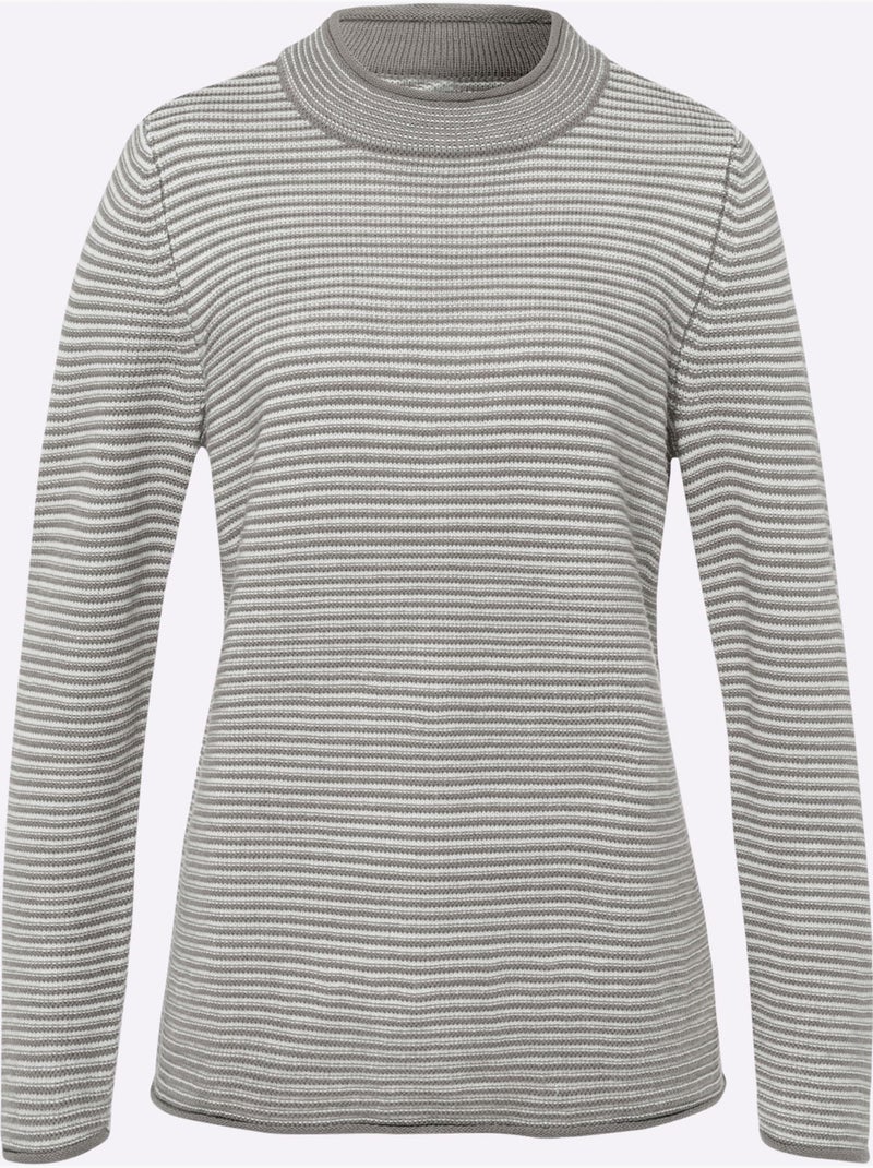 Pull à col montant à rayures horizontales et manches longues - taille standard - moda vilona Gris Ecru - Kiabi