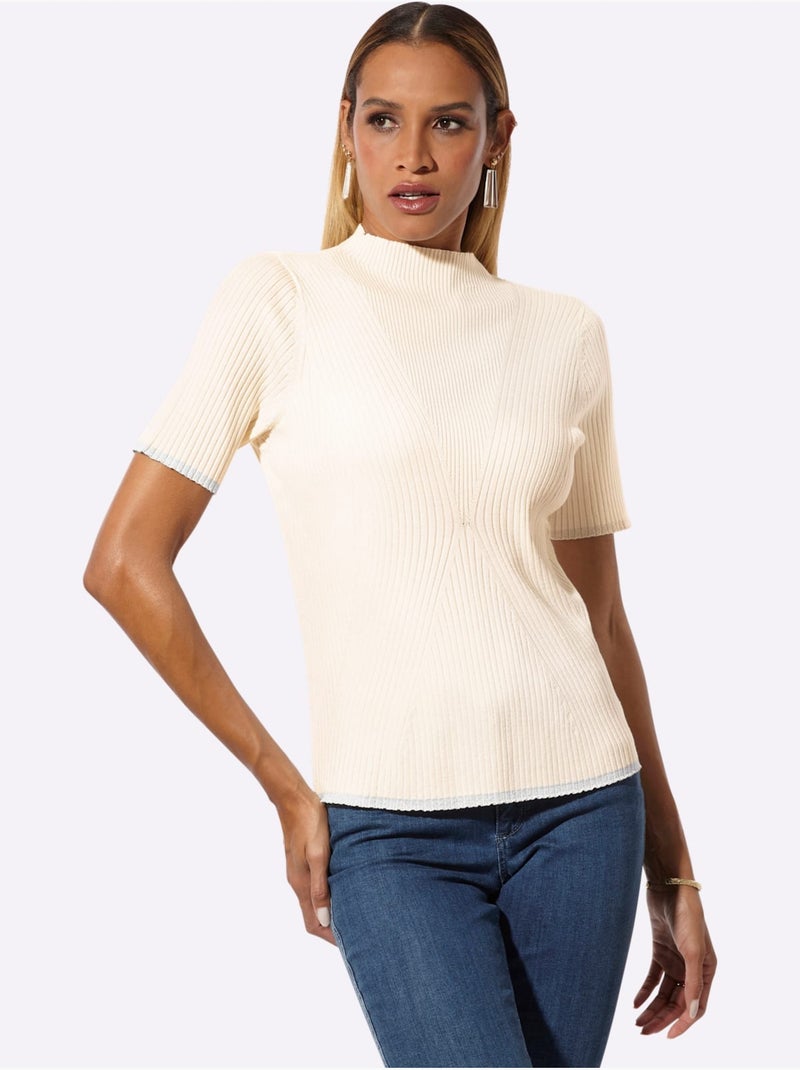 Pull à Col Montant Aspect Côtelé Mode - Taille Standard - Helline Ivoire - Kiabi