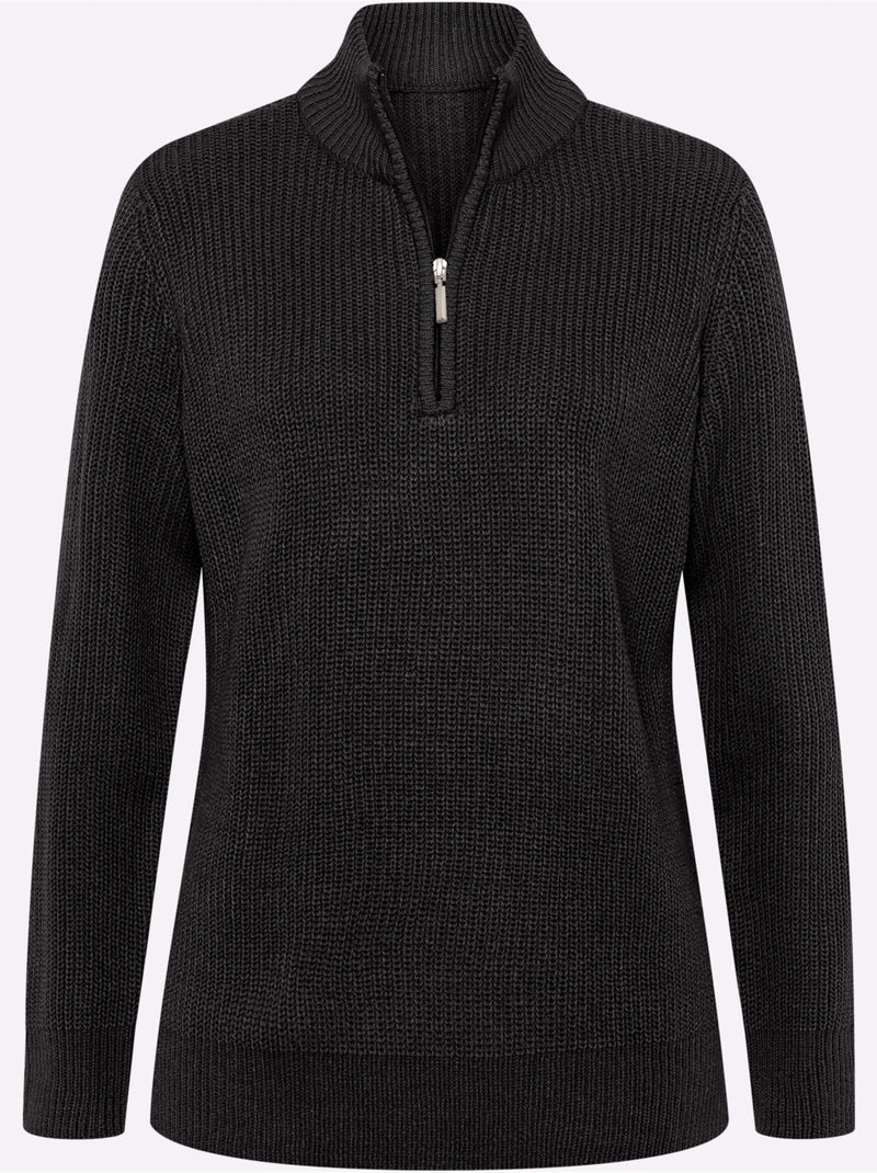 Pull à col montant avec glissière et manches longues côtelées - Taille standard - Moda Vilona Noir - Kiabi