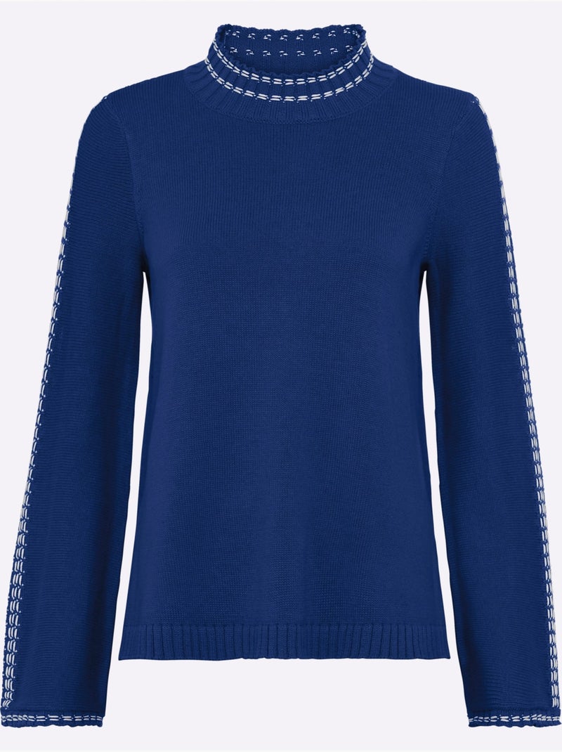 Pull à col montant avec manches longues et surpiqûres contrastées - Taille standard - Helline Bleu roi - Kiabi