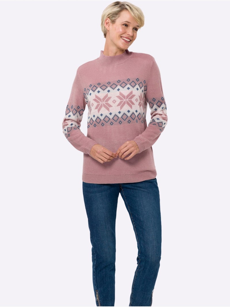 Pull à col montant avec motif jacquard et finitions côtelées - taille standard - moda vilona Blanc Rose - Kiabi