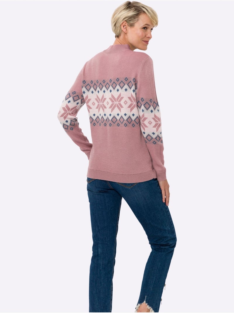 Pull à col montant avec motif jacquard et finitions côtelées - taille standard - moda vilona Blanc Rose - Kiabi