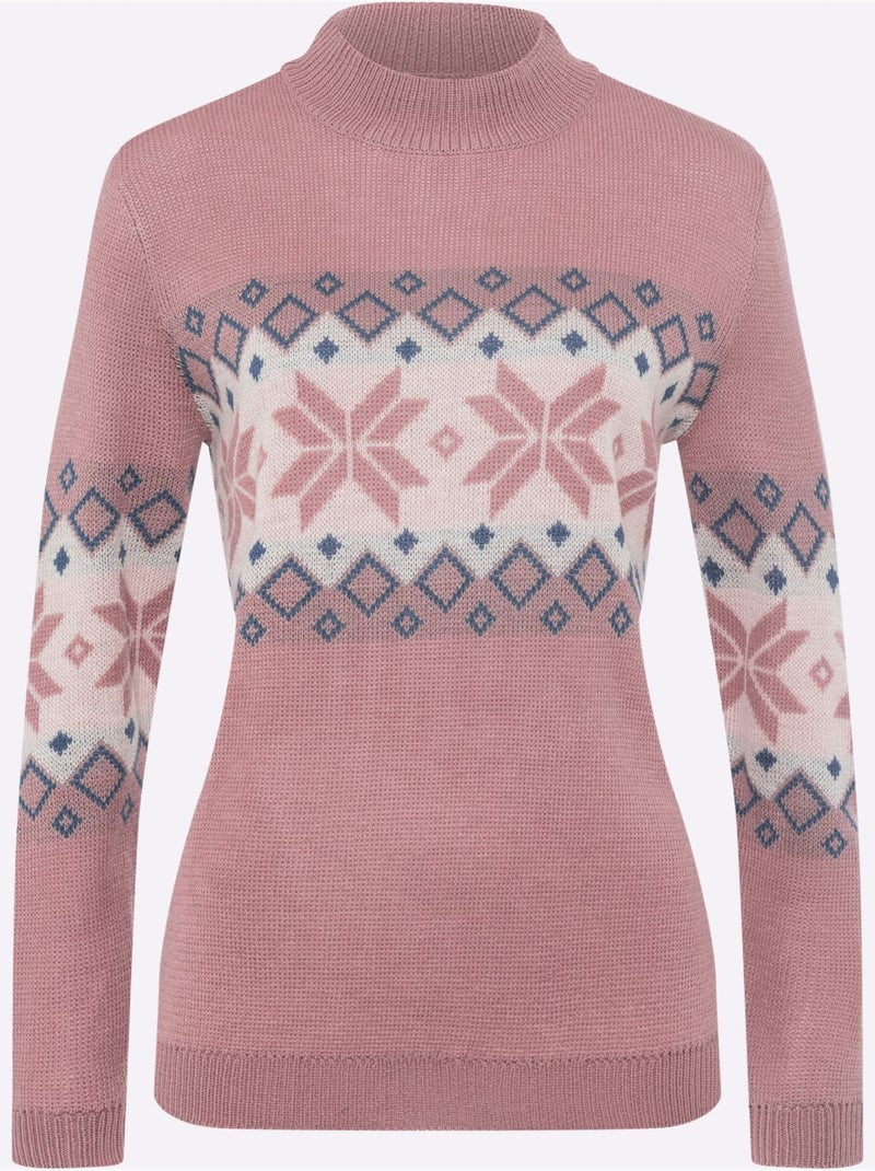 Pull à col montant avec motif jacquard et finitions côtelées - taille standard - moda vilona Blanc Rose - Kiabi