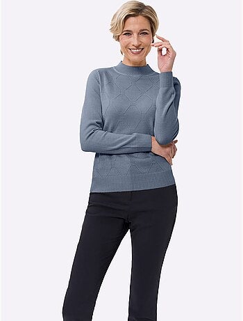 Pull à col montant avec motif losanges tricoté et finitions côtelées - Taille standard - Moda Vilona