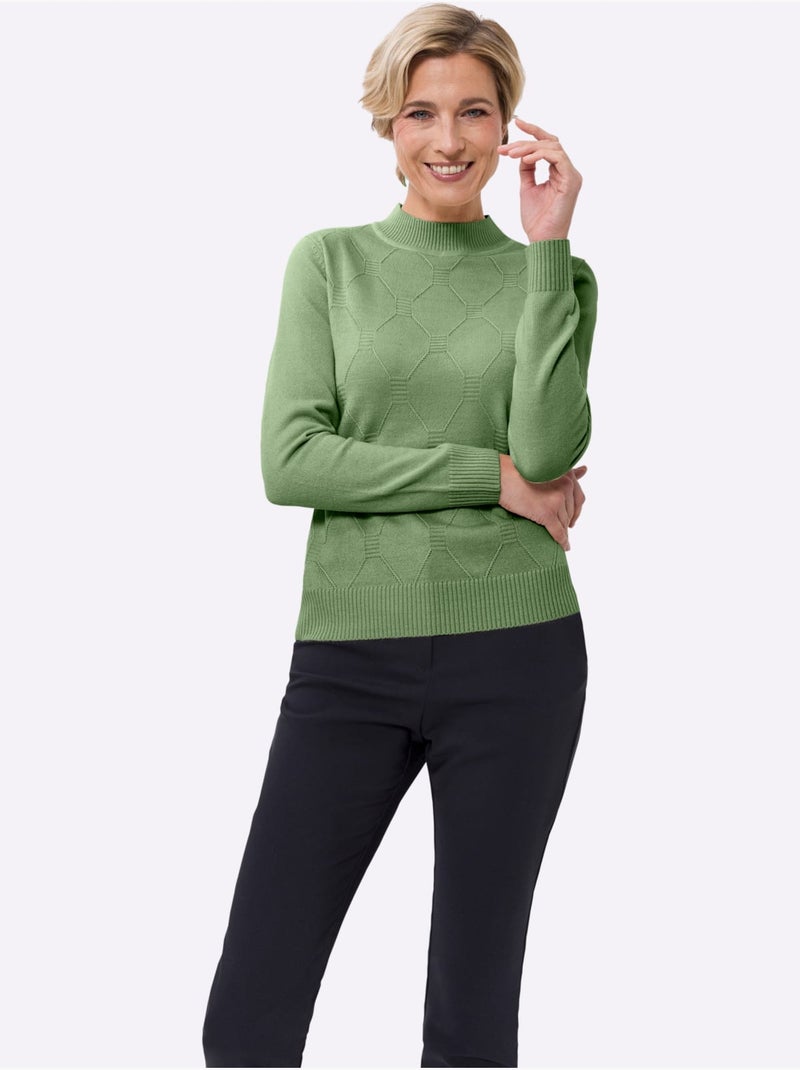 Pull à col montant avec motif losanges et finitions côtelées - Taille standard - Moda Vilona Vert eucalyptus - Kiabi