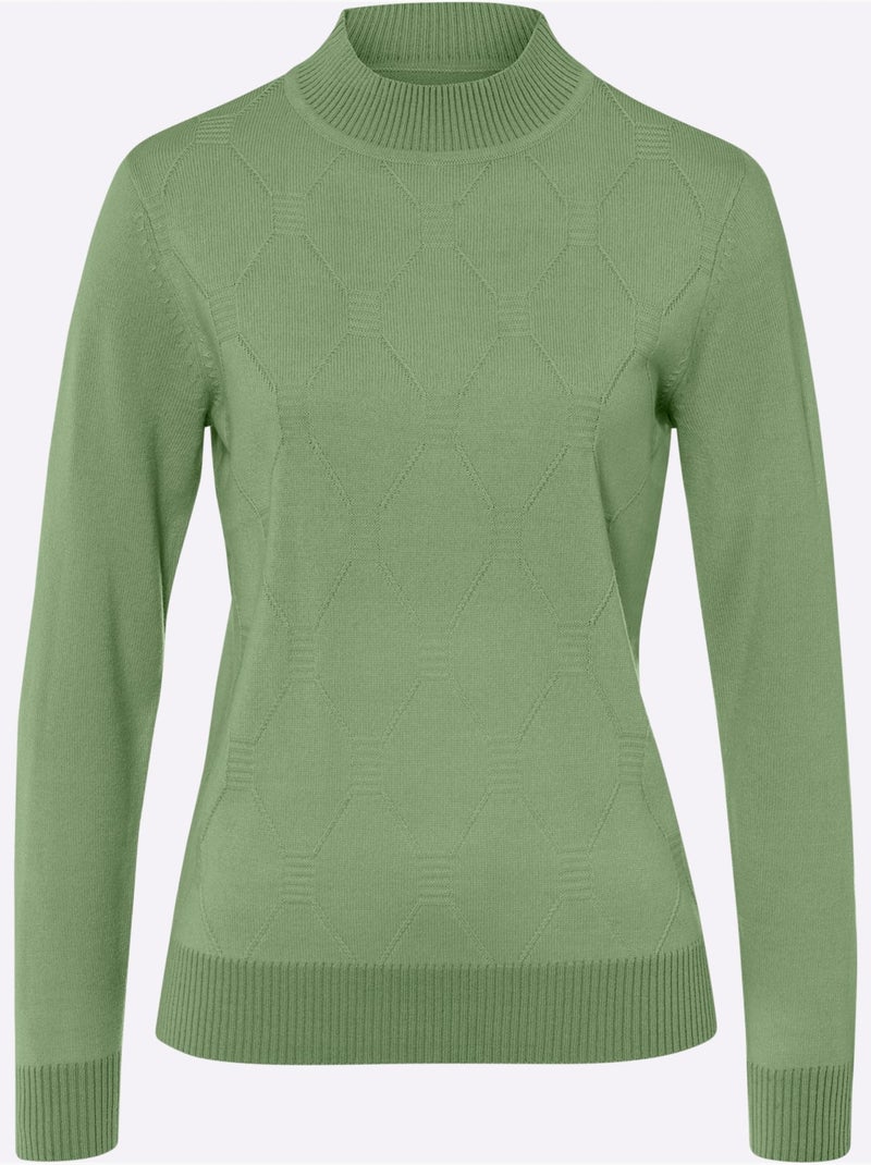 Pull à col montant avec motif losanges et finitions côtelées - Taille standard - Moda Vilona Vert eucalyptus - Kiabi