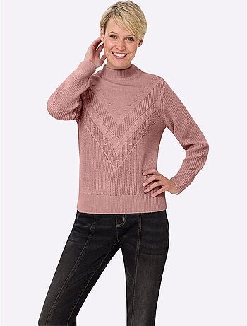Pull à col montant à manches longues avec motif v tricoté - taille standard - moda vilona
