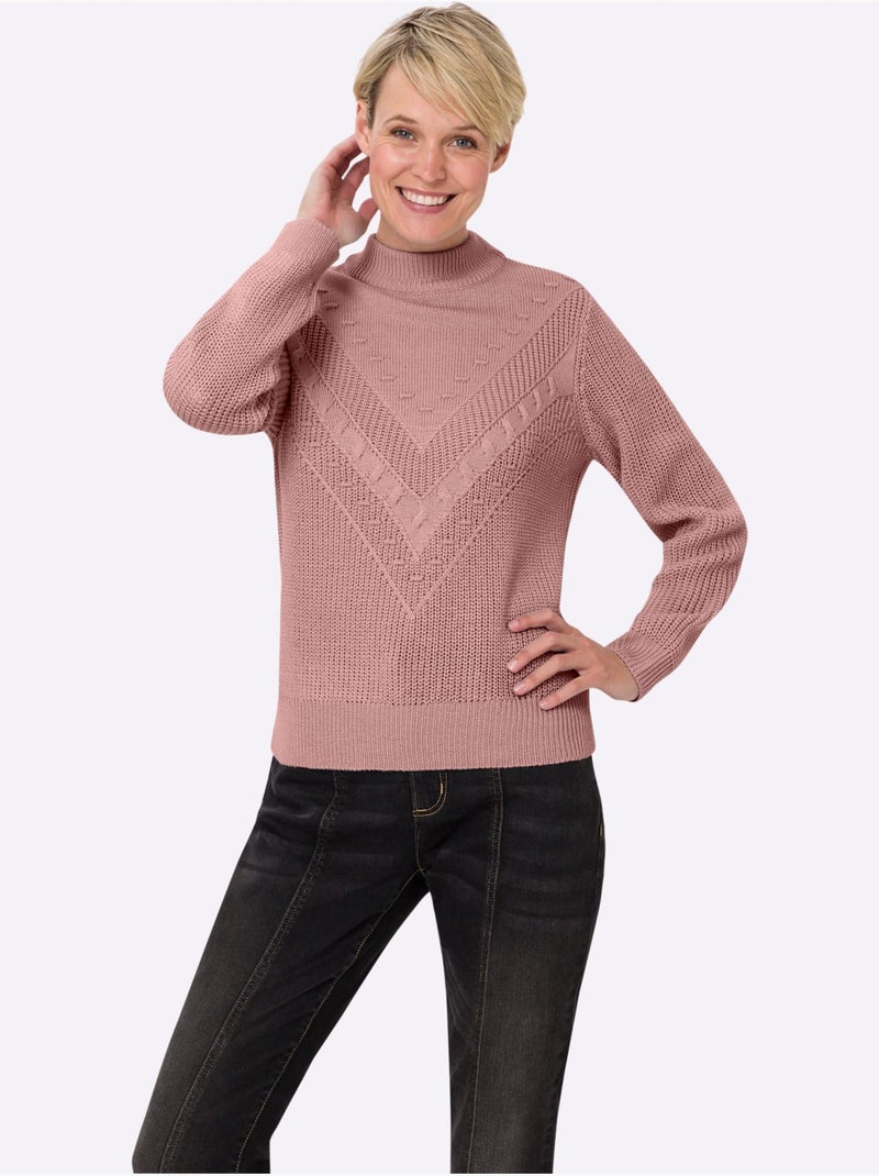 Pull à col montant avec motif tricoté en v et manches longues - taille standard - moda vilona Rose - Kiabi