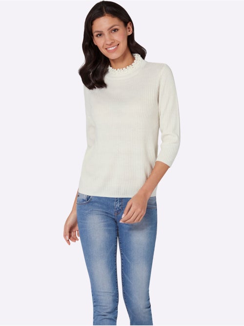 Pull à col montant avec volants et manches 3/4 côtelées - taille standard - moda vilona - Kiabi Pull à col montant avec volants et manches 3/4 côtelées - taille standard - moda vilona - Kiabi