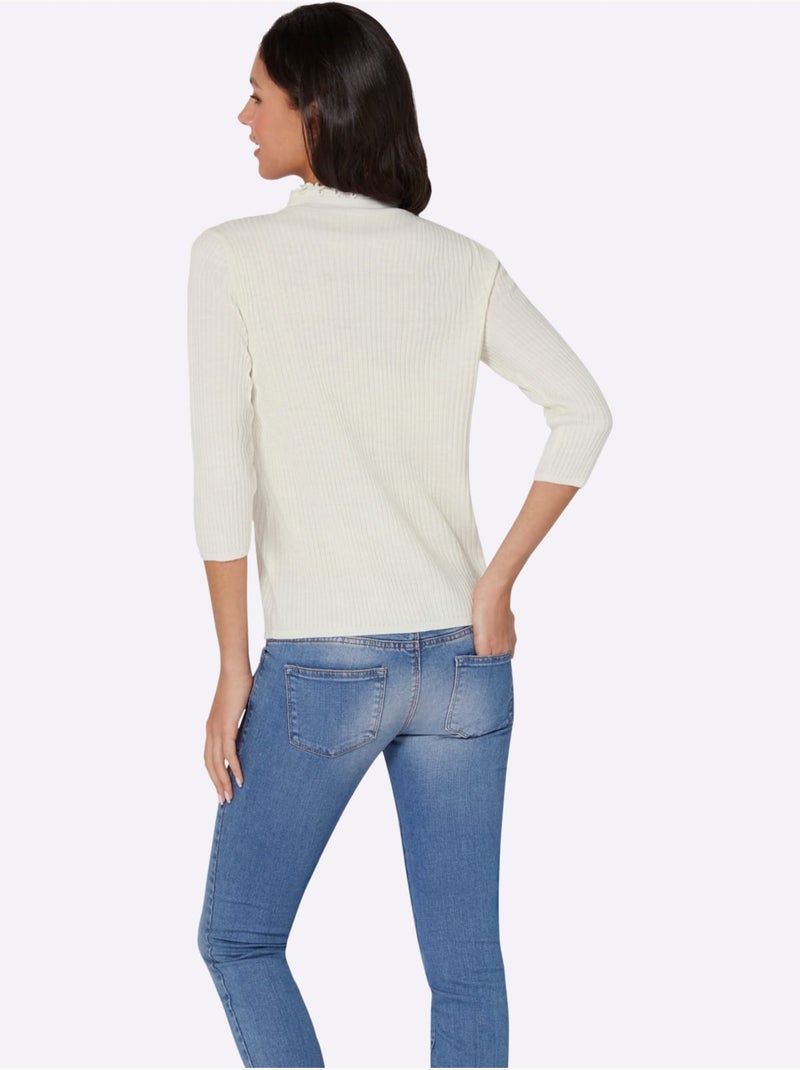 Pull à col montant avec volants et manches 3/4 côtelées - taille standard - moda vilona Ecru - Kiabi