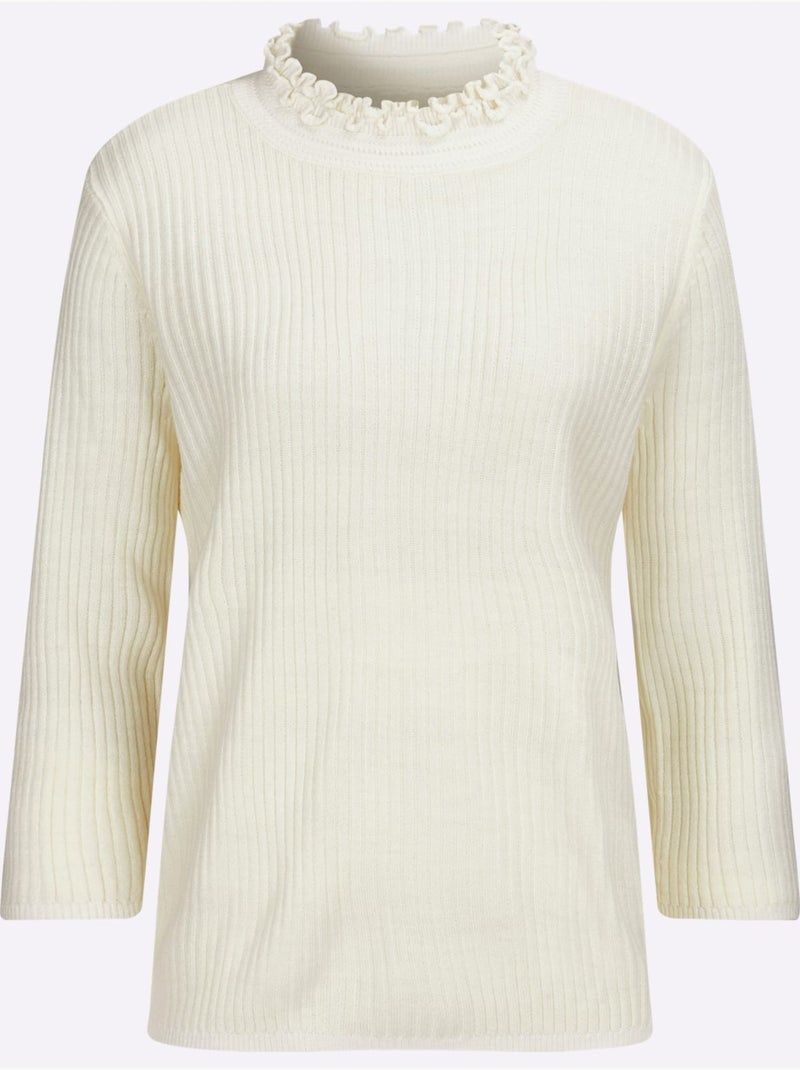 Pull à col montant avec volants et manches 3/4 côtelées - taille standard - moda vilona Ecru - Kiabi