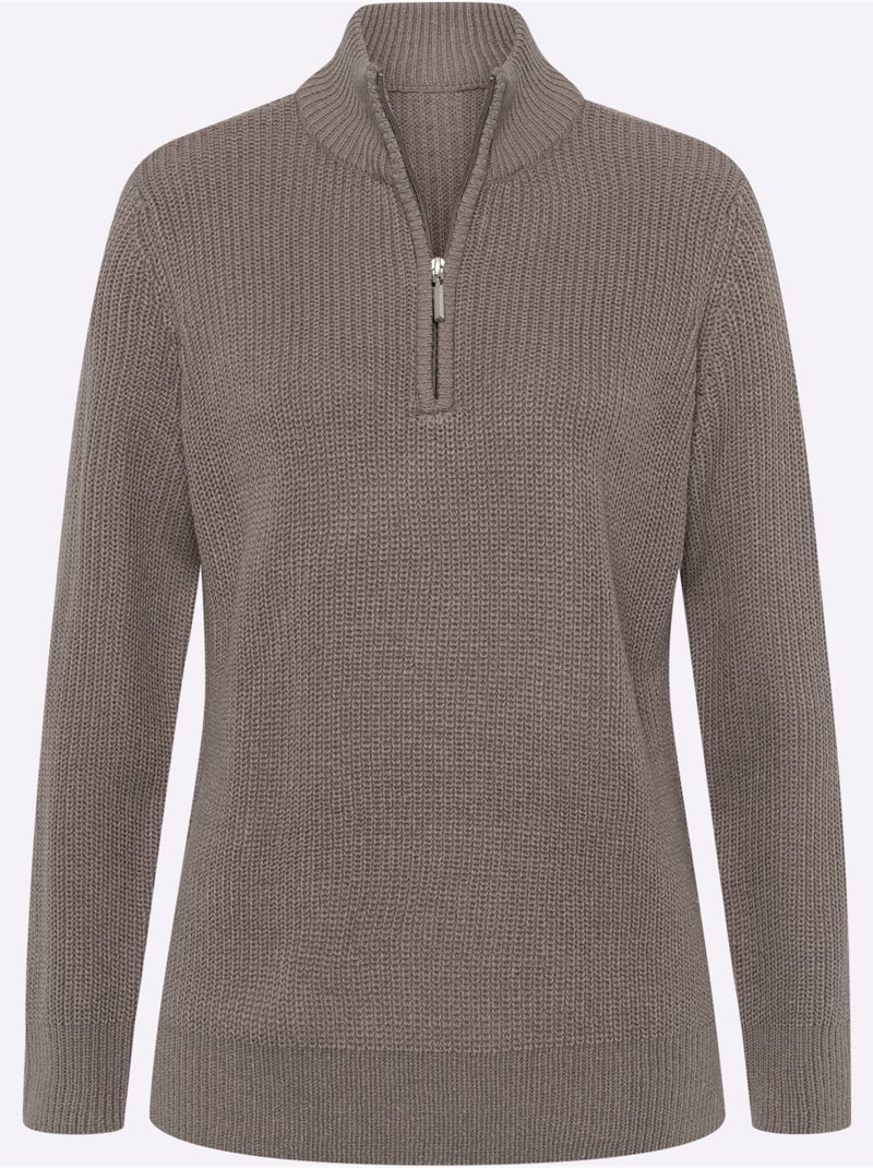Pull à Col Montant Col Montant à Glissière - Taille Standard - Moda Vilona Gris taupe - Kiabi