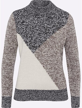Pull à col montant en fils chinés et au motif patchwork - Taille standard - Moda Vilona