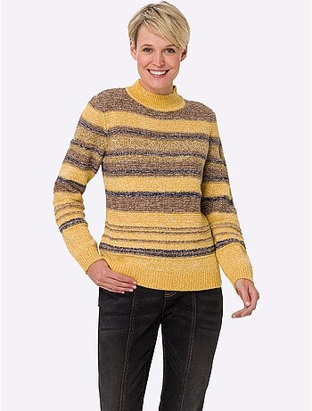 Pull à col montant en tricot avec rayures chinées et manches longues - Taille standard - Moda Vilona