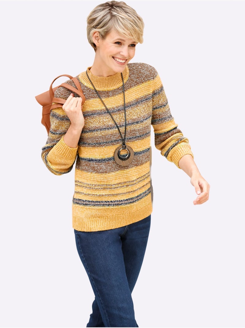 Pull à col montant en tricot avec rayures chinées et manches longues - taille standard - moda vilona Ocre - Kiabi