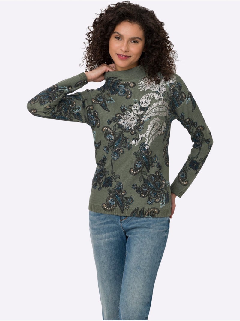 Pull à Col Montant Imprimé Floral - Taille Standard - Helline Vert kaki - Kiabi