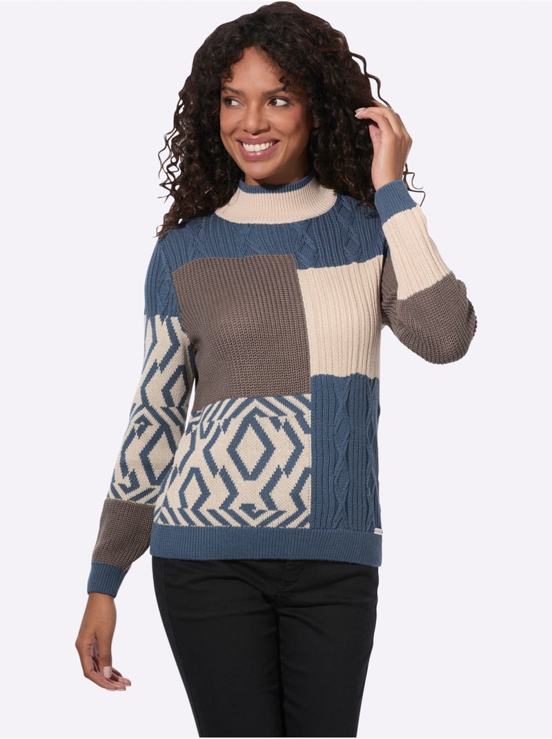 Pull à Col Montant Joli Aspect Patchwork - Taille Standard - Witt Bleu Marron - Kiabi
