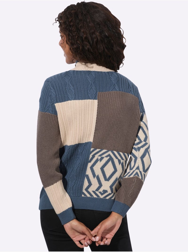 Pull à Col Montant Joli Aspect Patchwork - Taille Standard - Witt Bleu Marron - Kiabi