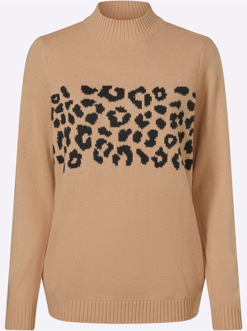 Pull à col montant joli jacquard à l'aspect animal - taille standard - moda vilona Noir Marron - Kiabi