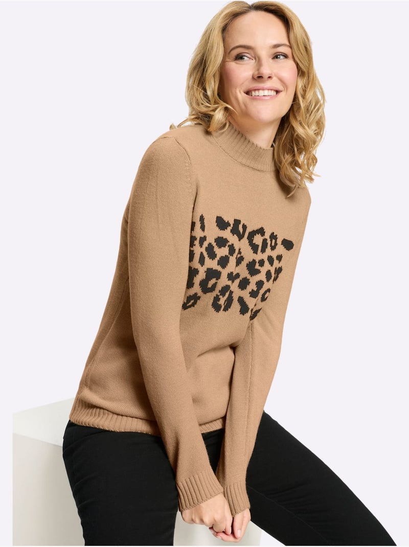 Pull à col montant joli jacquard à l'aspect animal - taille standard - moda vilona Noir Marron - Kiabi