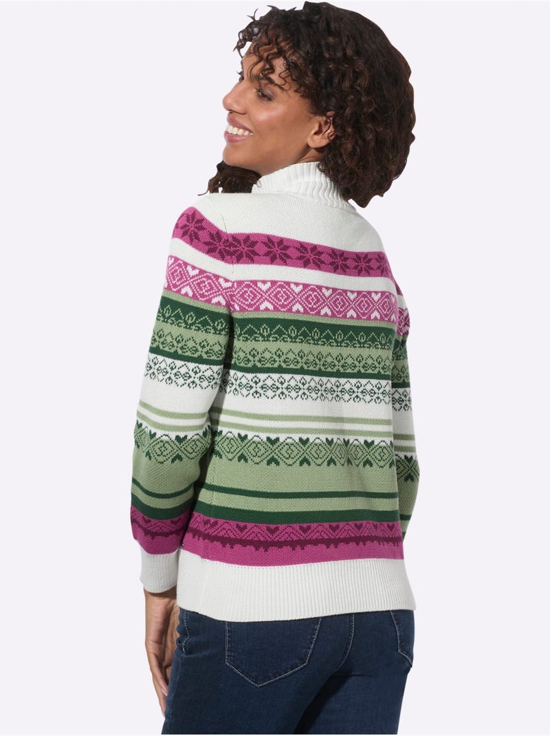 Pull à Col Montant Joli Motif Norvégien - Taille Standard - Witt Blanc / Rose / Beige - Kiabi