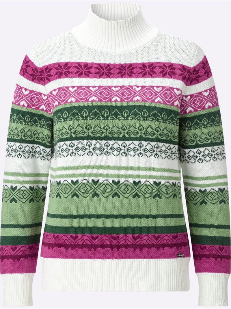 Pull à Col Montant Joli Motif Norvégien - Taille Standard - Witt Blanc / Rose / Beige - Kiabi