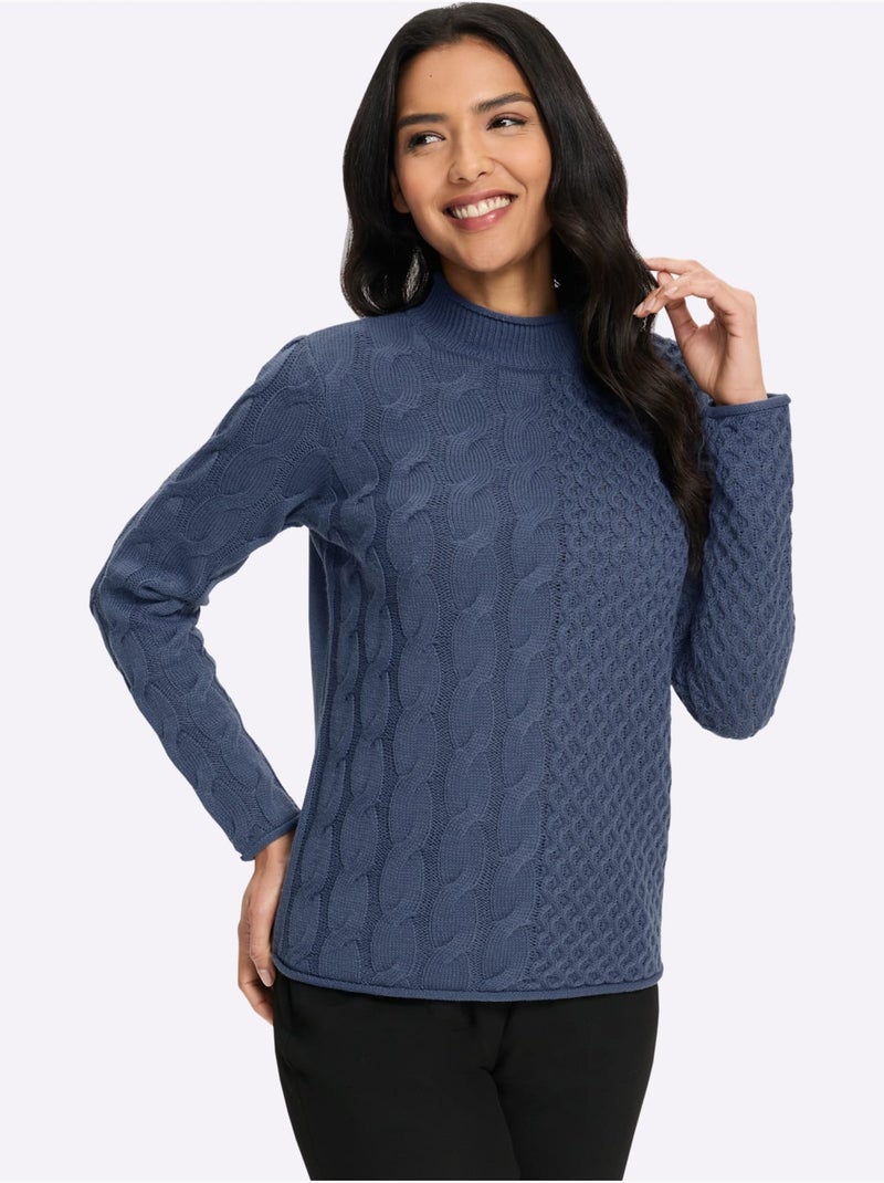 Pull à col montant mélange de motifs tendance - taille standard - moda vilona Bleu gris - Kiabi