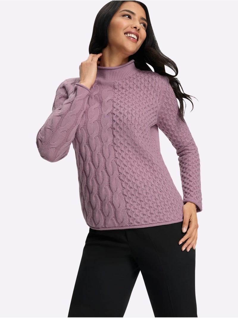 Pull à col montant mélange de motifs tendance - taille standard - moda vilona Mauve - Kiabi