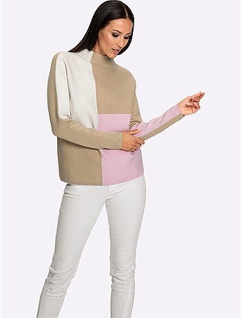 Pull à Col Montant Motif Color Block Tendance - Taille Standard - Helline