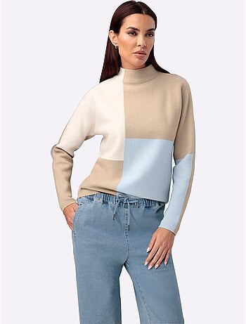 Pull à Col Montant Motif Color Block Tendance - Taille Standard - Helline
