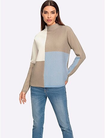 Pull à Col Montant Motif Color Block Tendance - Taille Standard - Helline