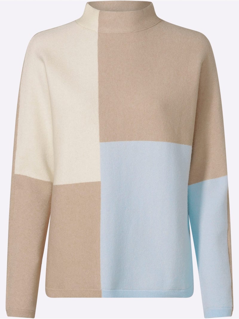 Pull à Col Montant Motif Color Block Tendance - Taille Standard - Helline Bleu Beige - Kiabi