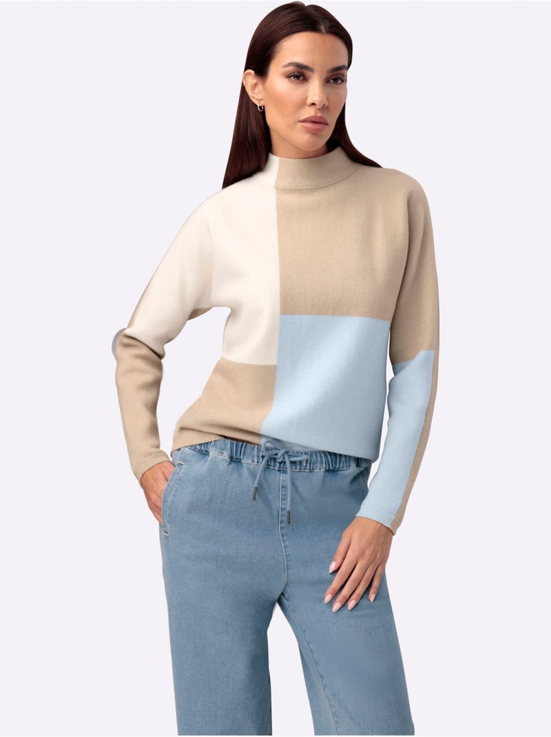 Pull à Col Montant Motif Color Block Tendance - Taille Standard - Helline Bleu Beige - Kiabi